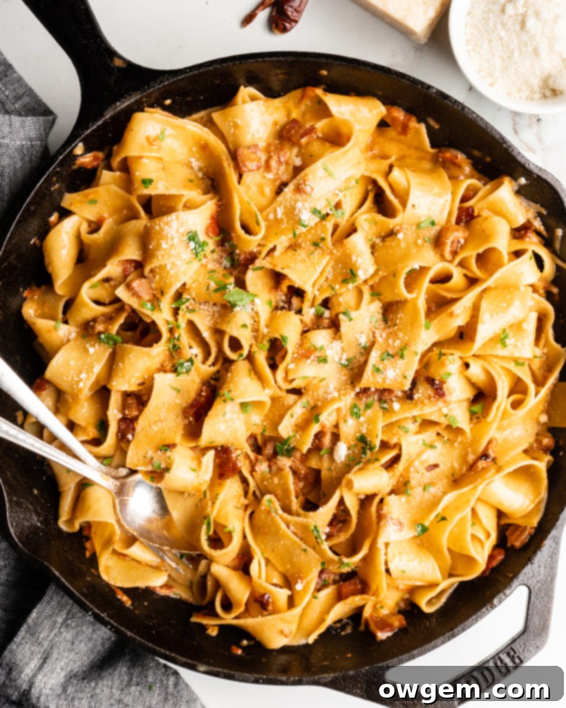 close-up of creamy tomato and pancetta pappardelle pasta with parmesan