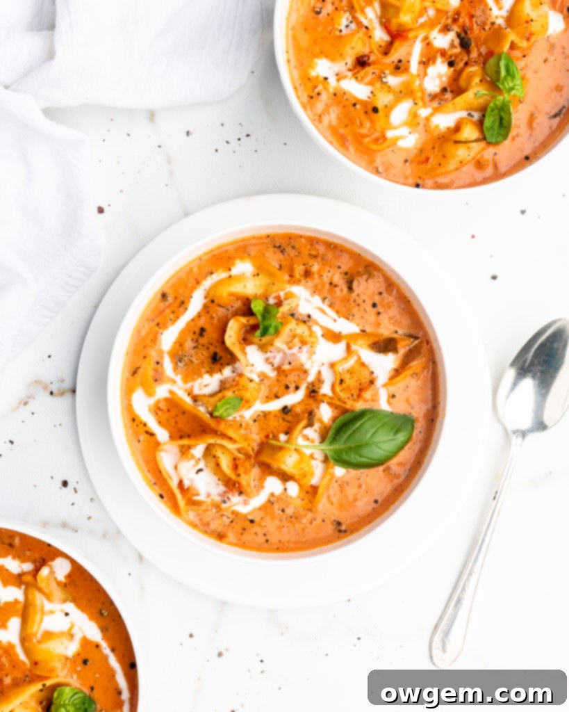 This Creamy Tomato and Tortellini Soup is vibrant in color and full of flavor. Made with San Marzano tomatoes, cream, cheesy tortellini, and a touch of white wine.