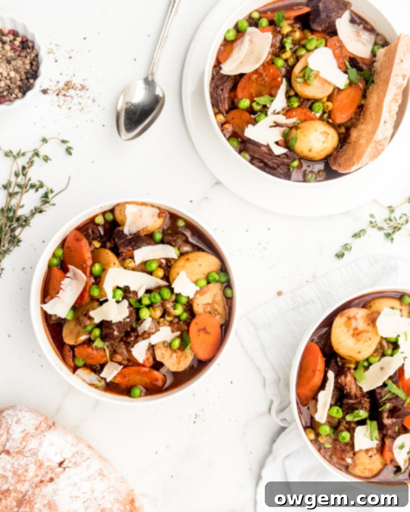 Melt in your mouth pieces of chuck steak, vibrant thick cut carrots, buttery baby potatoes, and brightly flavored peas are braised in a red wine liquid to create a delicious and hearty beef stew