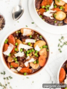 Melt in your mouth pieces of chuck steak, vibrant thick cut carrots, buttery baby potatoes, and brightly flavored peas are braised in a red wine liquid to create a delicious and hearty beef stew