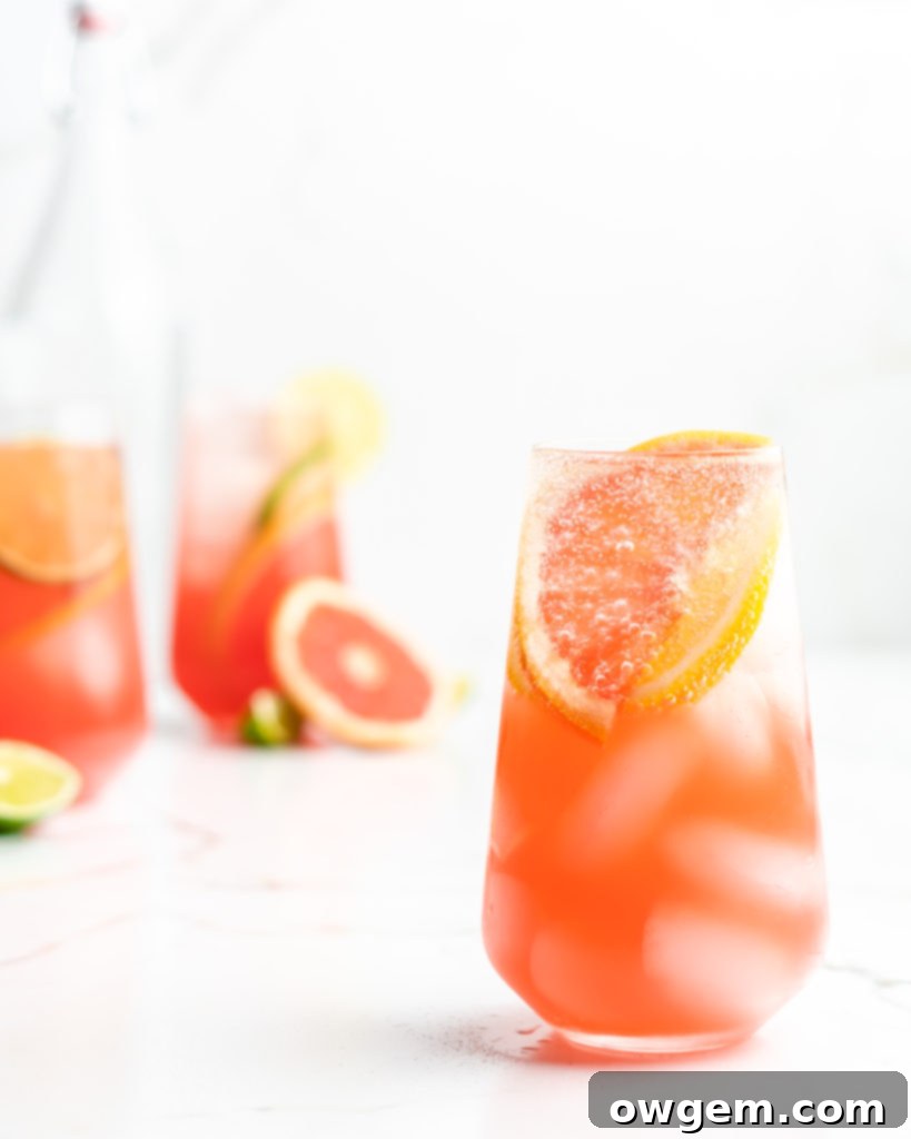 A tall glass of Gin, Elderflower, and Aloe Spritzer, garnished with a grapefruit slice, on a light background, emphasizing its refreshing appeal.