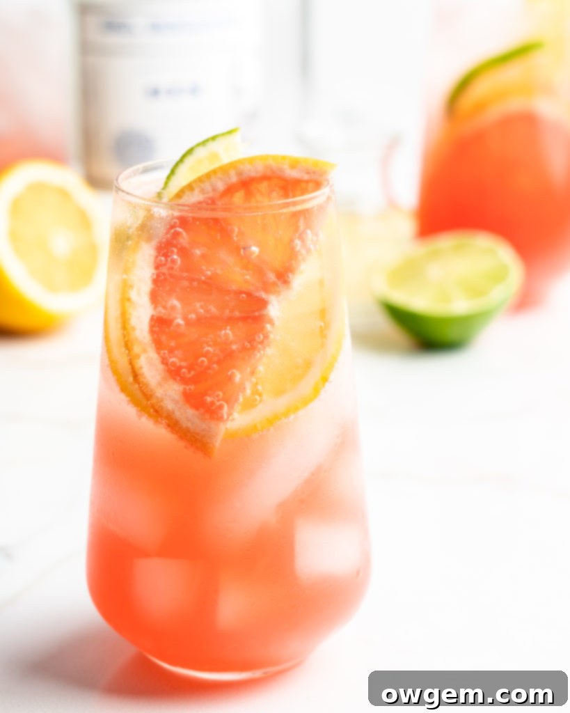 Close-up of the Gin, Elderflower, and Aloe Spritzer, showcasing its vibrant color and fresh grapefruit garnish, ready to be enjoyed.