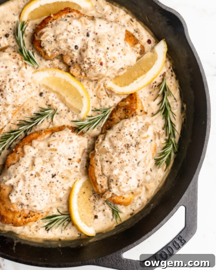 Golden-brown seared chicken breasts bathed in a rich, creamy maple mustard sauce, garnished with fresh rosemary.