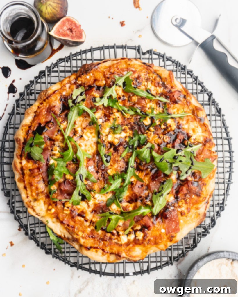 Prosciutto, goat cheese, and balsamic reduction are added to your typical pizza, and then baked in a cast iron pan to create a pizzeria style pizza at home!