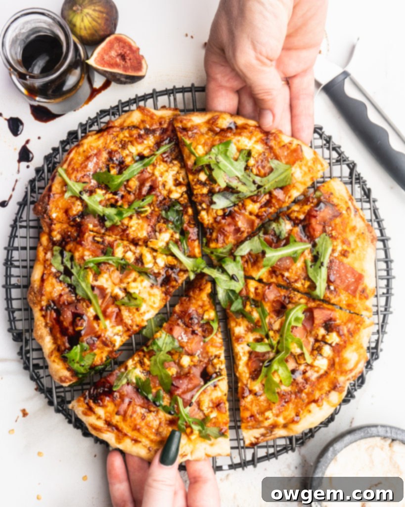 Prosciutto, goat cheese, and balsamic reduction are added to your typical pizza, and then baked in a cast iron pan to create a pizzeria style pizza at home!