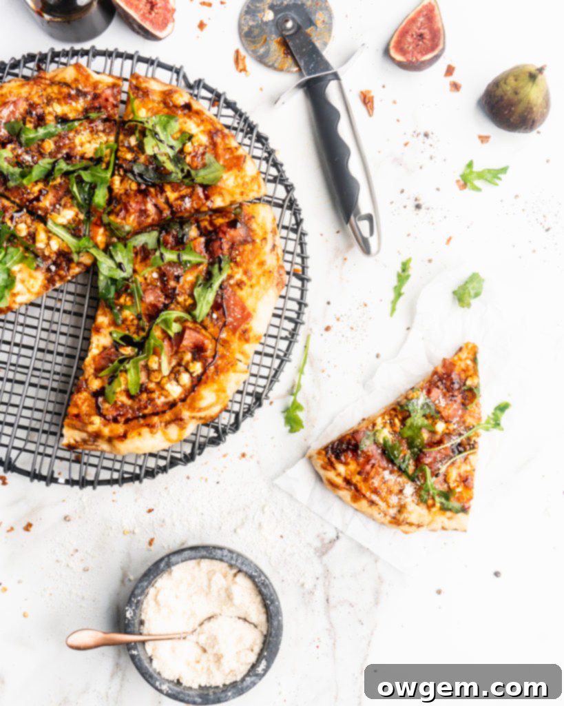 Prosciutto, goat cheese, and balsamic reduction are added to your typical pizza, and then baked in a cast iron pan to create a pizzeria style pizza at home!