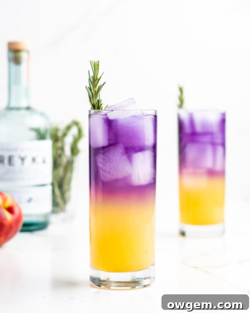 A vibrant, layered cocktail featuring a gradient from yellow to lavender, garnished with fresh rosemary. Ingredients include vodka, peach syrup, yuzu juice, sake, butterfly pea flower tea, and soda water.