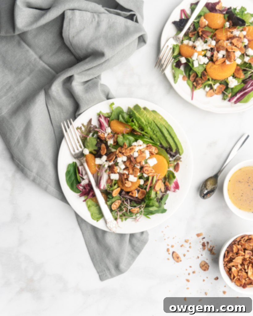 This delicious salad features spinach, spring mix, goat cheese, avocado, mandarins, and honey roasted almonds. Topped with a zippy champagne vinaigrette.