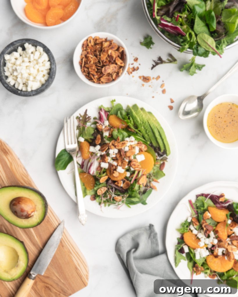 This delicious salad features spinach, spring mix, goat cheese, avocado, mandarins,and honey roasted almonds. Topped with a zippy champagne vinaigrette.