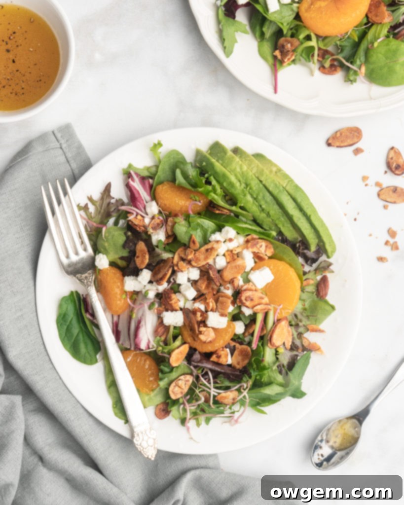 This delicious salad features spinach, spring mix, goat cheese, avocado, mandarins,and honey roasted almonds. Topped with a zippy champagne vinaigrette.