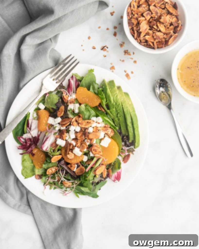 This delicious salad features spinach, spring mix, goat cheese, avocado, mandarins,and honey roasted almonds. Topped with a zippy champagne vinaigrette.