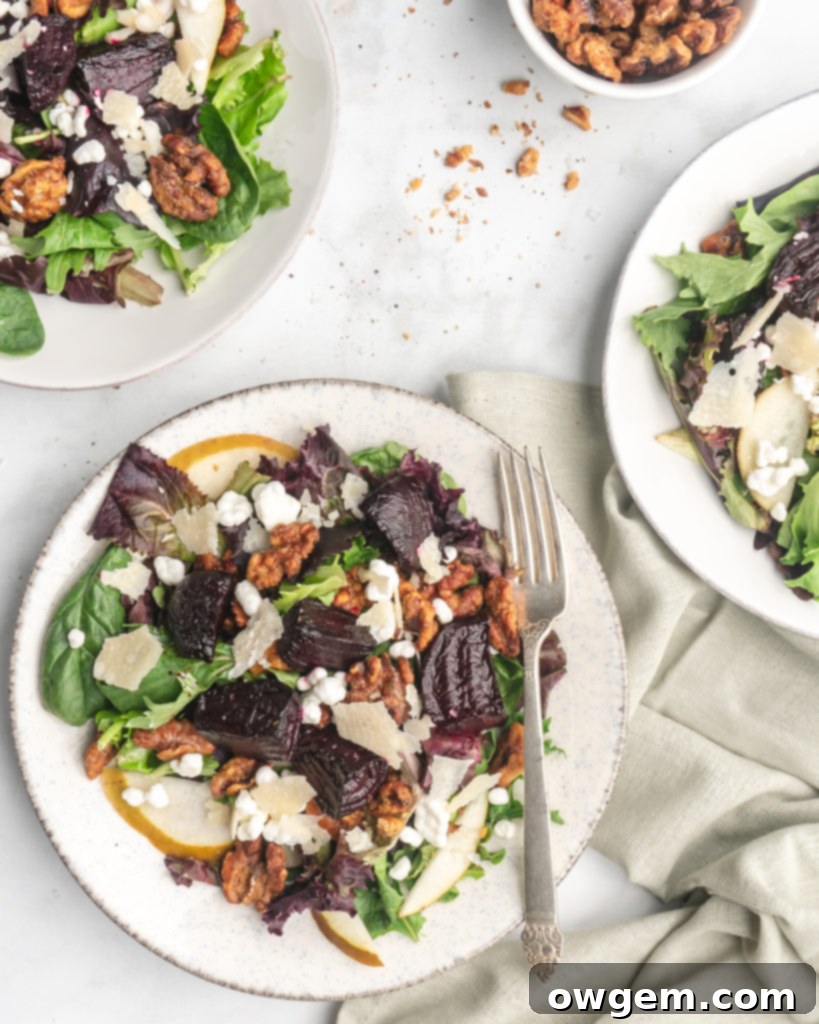 This delicious salad is made up on maple and brown sugar glazed beets, sliced crisp bosc pears, creamy tart goat cheese, shaved parmesan, and candied walnuts.