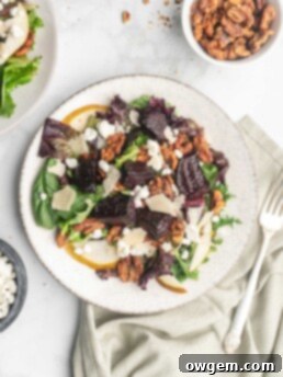 This delicious salad is made up on maple and brown sugar glazed beets, sliced crisp bosc pears, creamy tart goat cheese, shaved parmesan, and candied walnuts.
