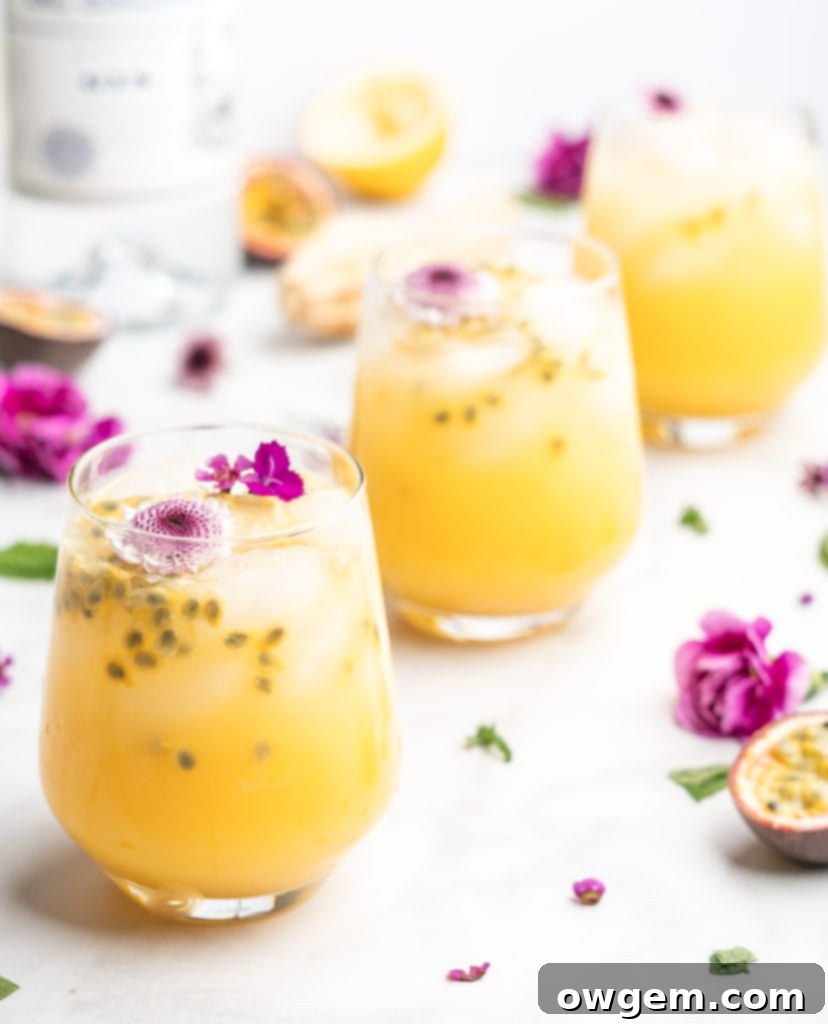 This gorgeous cocktail just screams summer, with the tropical passion fruit, bubbly club soda, and flavorful gin.