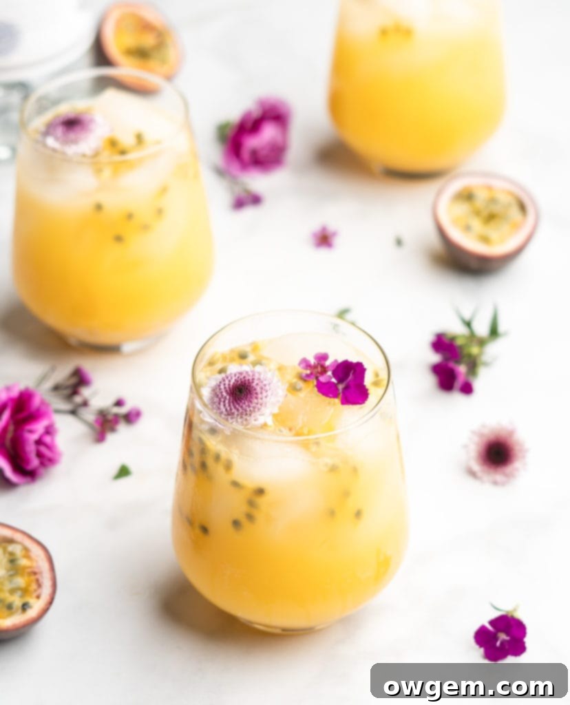 This gorgeous cocktail just screams summer, with the tropical passion fruit, bubbly club soda, and flavorful gin.