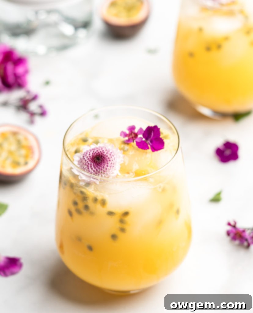 This gorgeous cocktail just screams summer, with the tropical passion fruit, bubbly club soda, and flavorful gin.