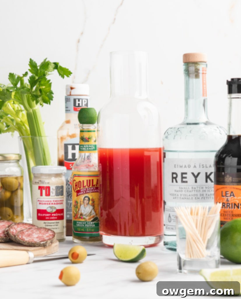 Ingredients for the Best Caesar recipe, including HP sauce, Worcestershire, pickle juice, horseradish, Tabasco, and various spices.