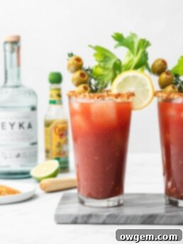HP sauce, worcestershire sauce, pickle juice, horseradish, tobasco, and seasonings come together with vodka and clamato to make the Best Caesar recipe! A visually appealing close-up of the cocktail ingredients and finished drink.