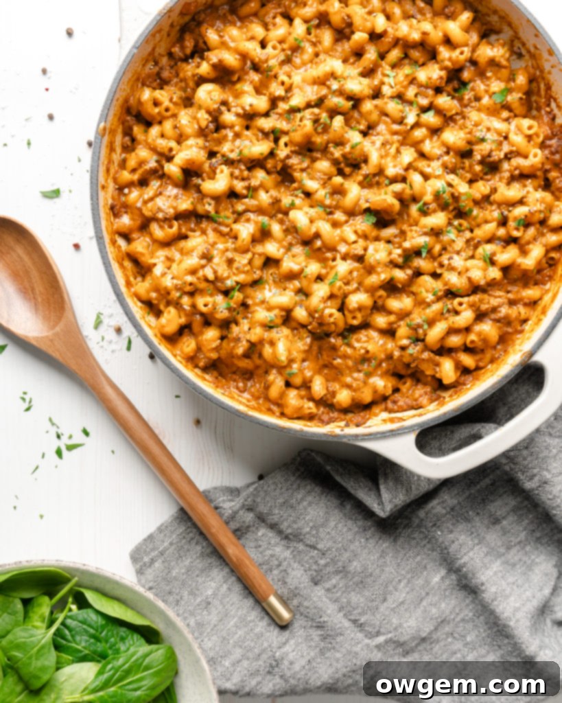 A bowl of creamy and cheesy homemade hamburger helper, a comforting one-pot meal.