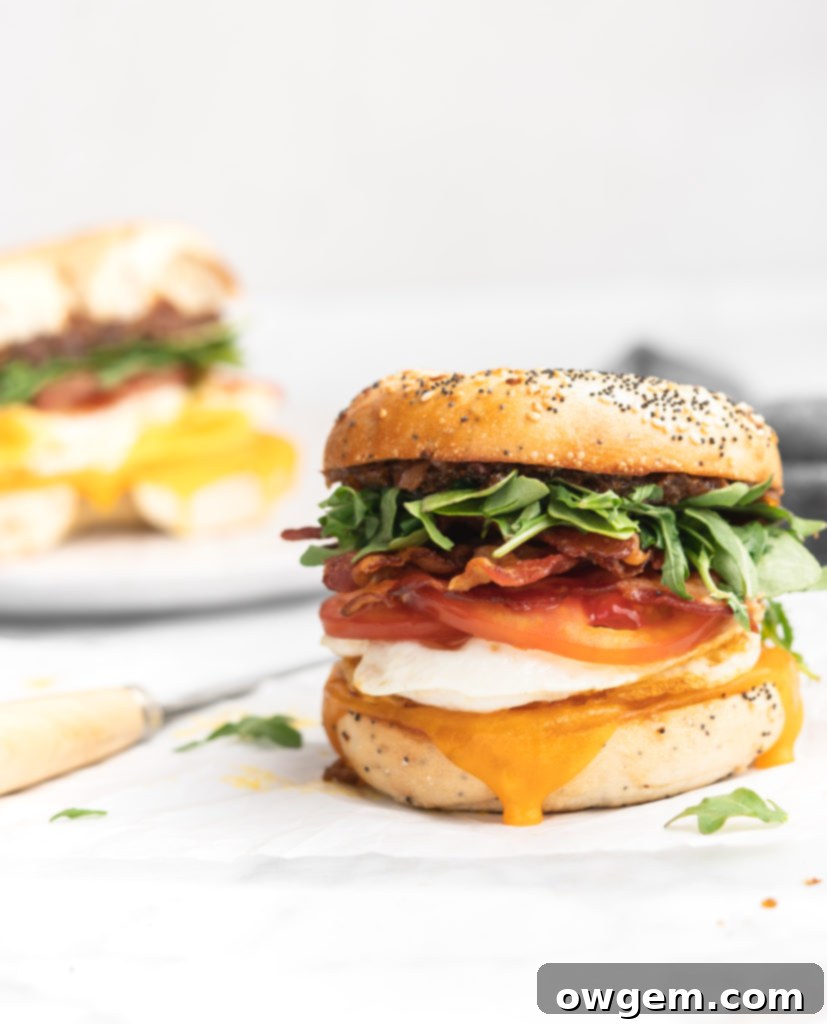 This bagel breakfast sandwich features cheddar, a fried egg, crispy bacon, juicy tomatoes, peppery arugula, sweet apple chutney, and savory bacon jam, all sandwiched between a garlicky everything bagel