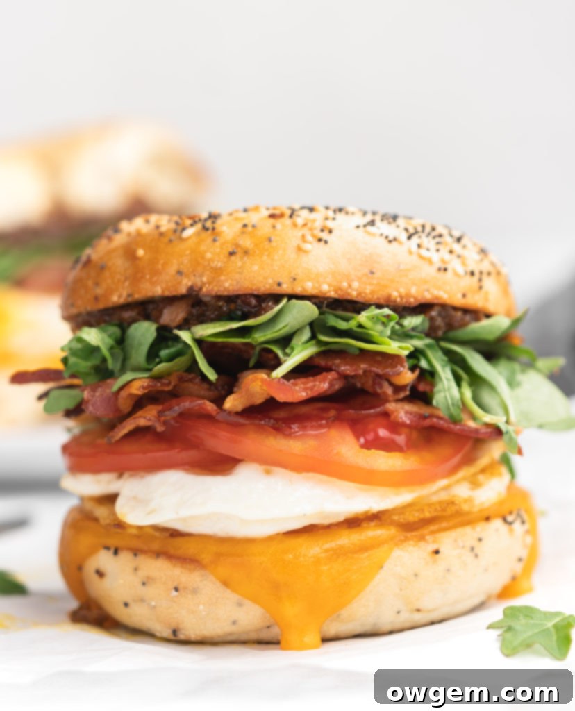 This bagel breakfast sandwich features cheddar, a fried egg, crispy bacon, juicy tomatoes, peppery arugula, sweet apple chutney, and savory bacon jam, all sandwiched between a garlicky everything bagel