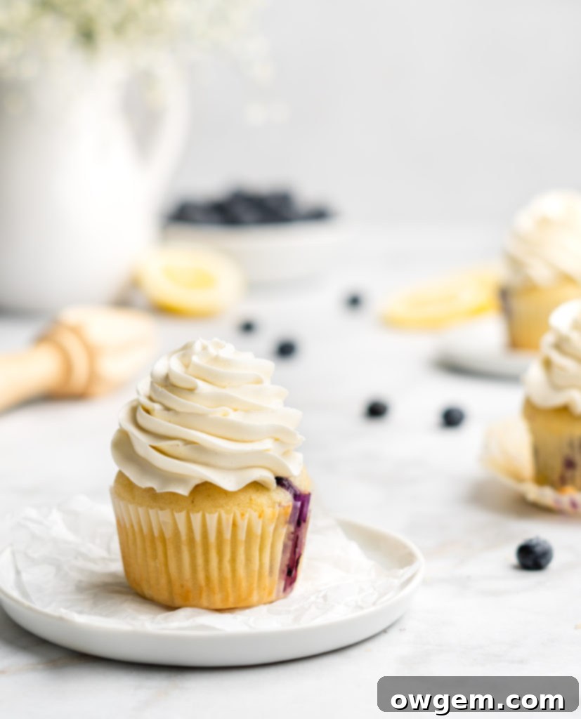light and moist lemon cupcakes are speckled with little bursts of sweet fresh blueberries. Topped with a light and fresh lemon-infused mascarpone whipped cream