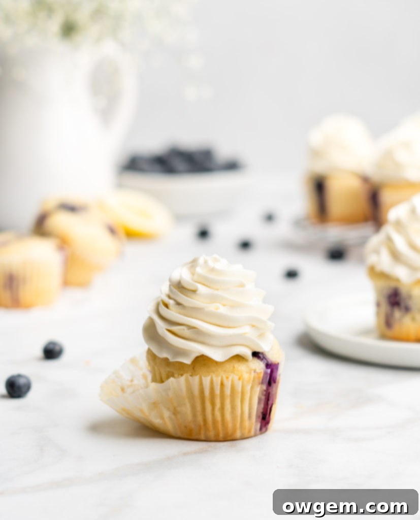light and moist lemon cupcakes are speckled with little bursts of sweet fresh blueberries. Topped with a light and fresh lemon-infused mascarpone whipped cream