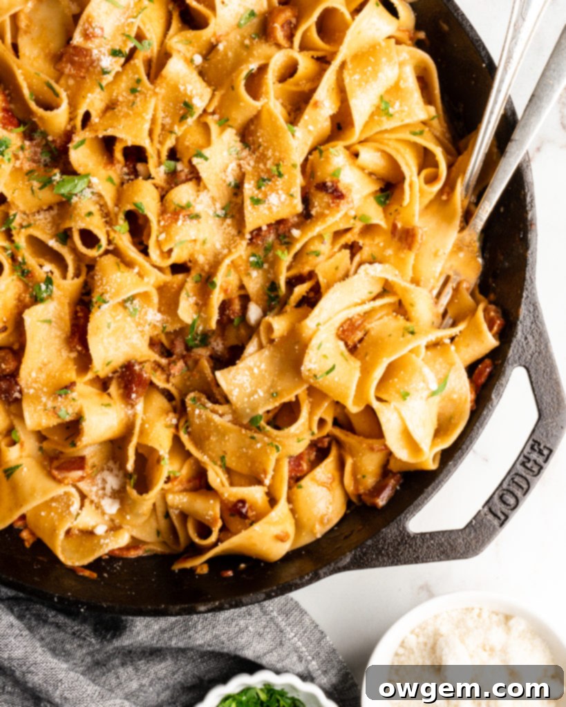 thick ribbons of pappardelle pasta are smothered in a spicy creamy stewed tomato sauce and topped with sharp parmesan cheese