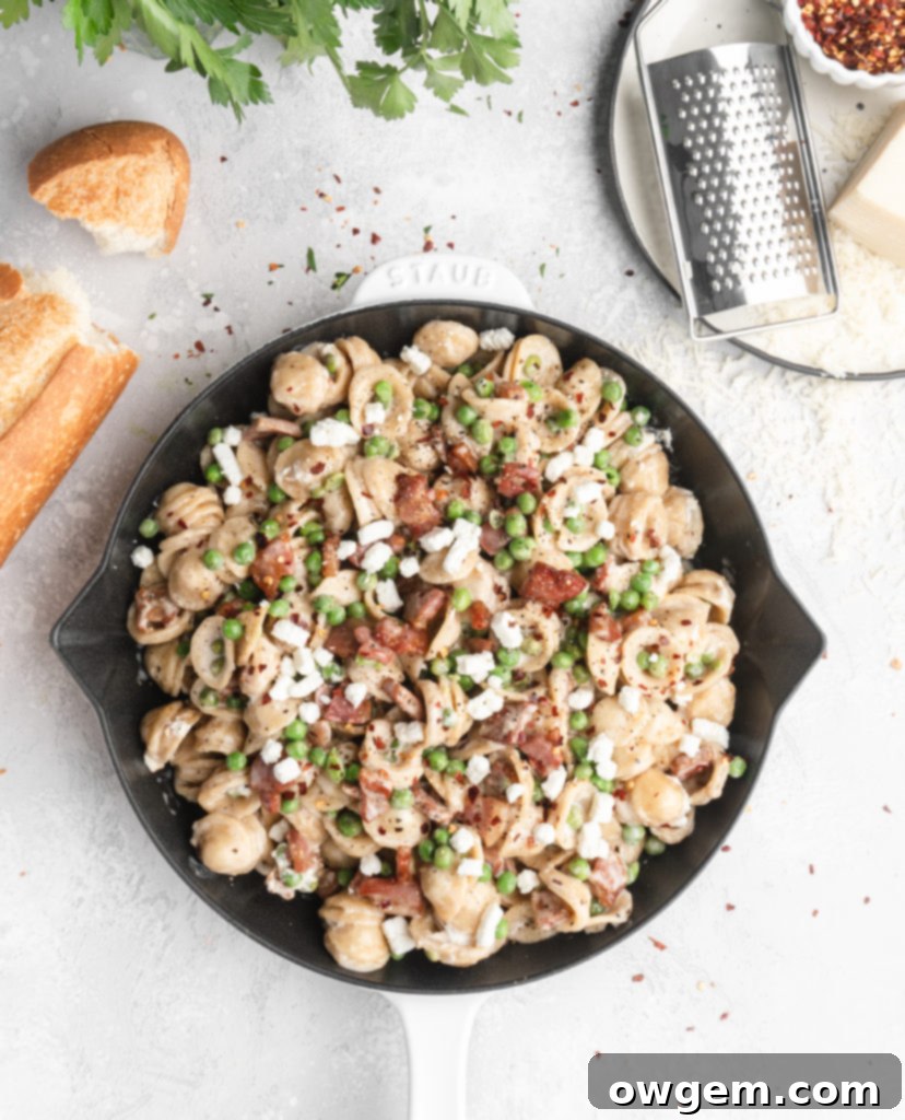 Pasta in a creamy parmesan wine sauce is paired with bits of goat cheese, peas, and crispy pancetta.
