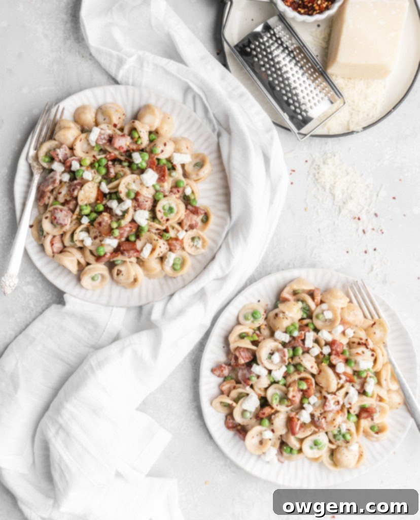 Pasta in a creamy parmesan wine sauce is paired with bits of goat cheese, peas, and crispy pancetta.