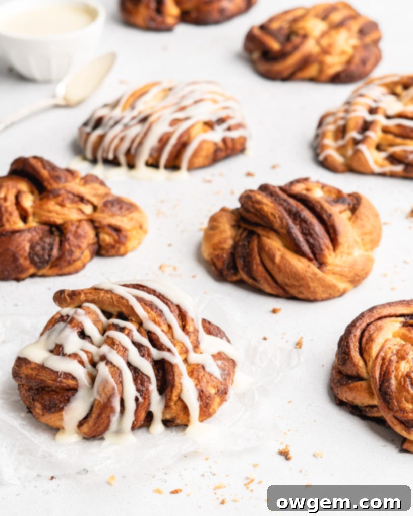 Beautiful cinnamon buns that are knotted into babka knots