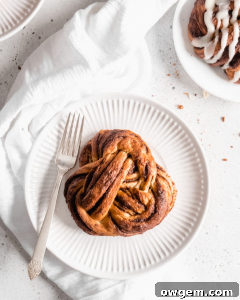 Beautiful cinnamon buns that are knotted into babka knots