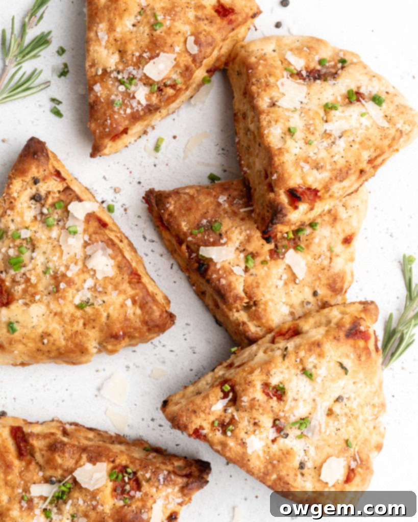 Flaky, tender scones that feature balsamic roasted red peppers, goat cheese, fresh rosemary, and parmesan cheese