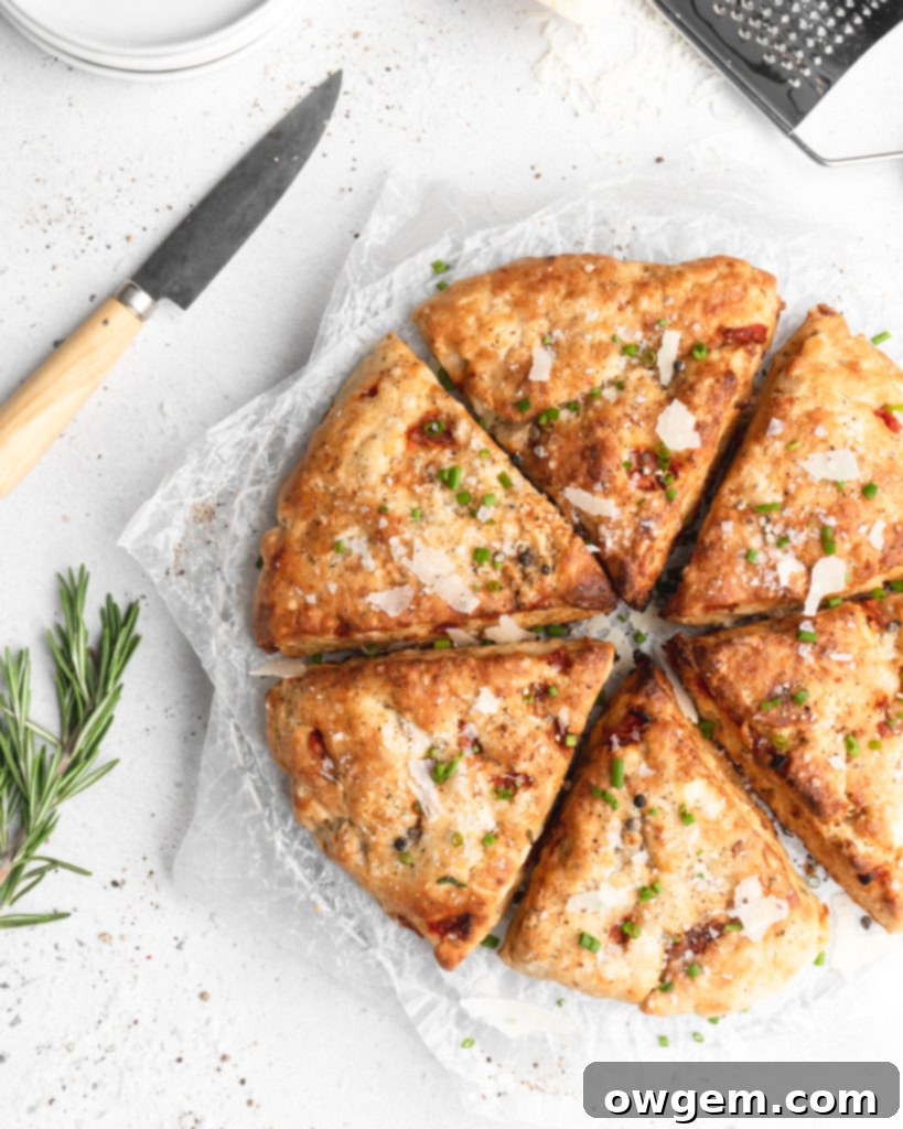 Flaky, tender scones that feature balsamic roasted red peppers, goat cheese, fresh rosemary, and parmesan cheese