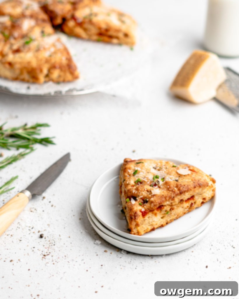 Flaky, tender scones that feature balsamic roasted red peppers, goat cheese, fresh rosemary, and parmesan cheese
