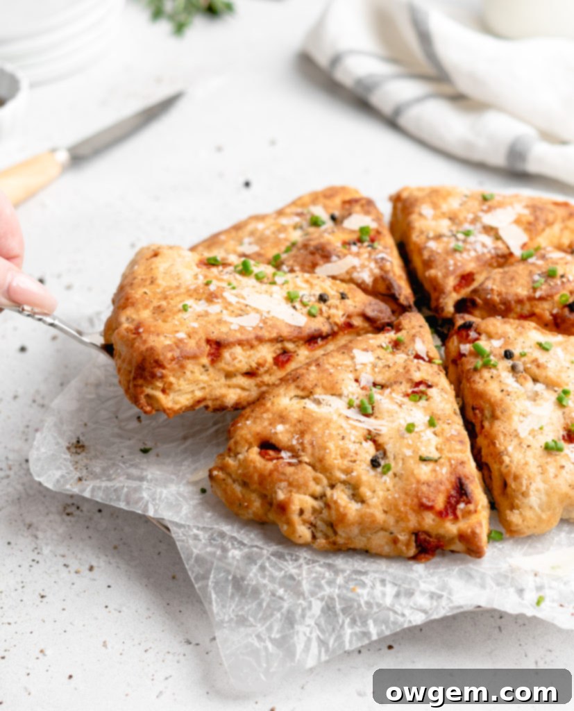 Flaky, tender scones that feature balsamic roasted red peppers, goat cheese, fresh rosemary, and parmesan cheese