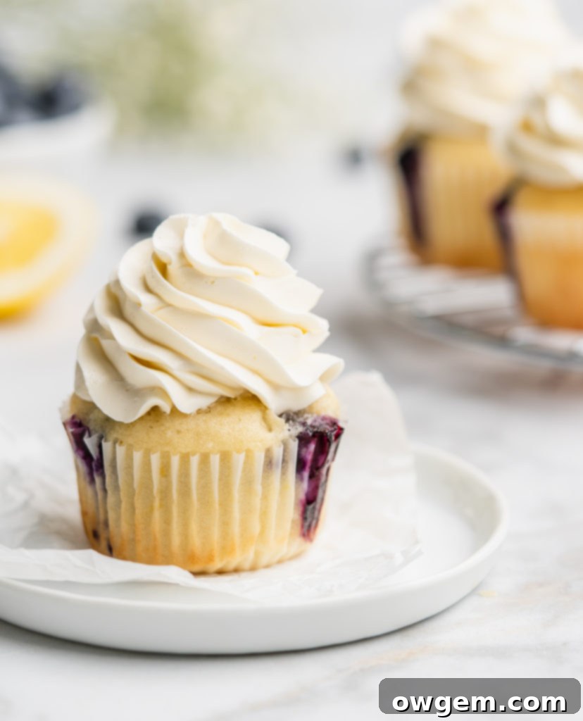 light and moist lemon cupcakes are speckled with little bursts of sweet fresh blueberries. Topped with a light and fresh lemon-infused mascarpone whipped cream