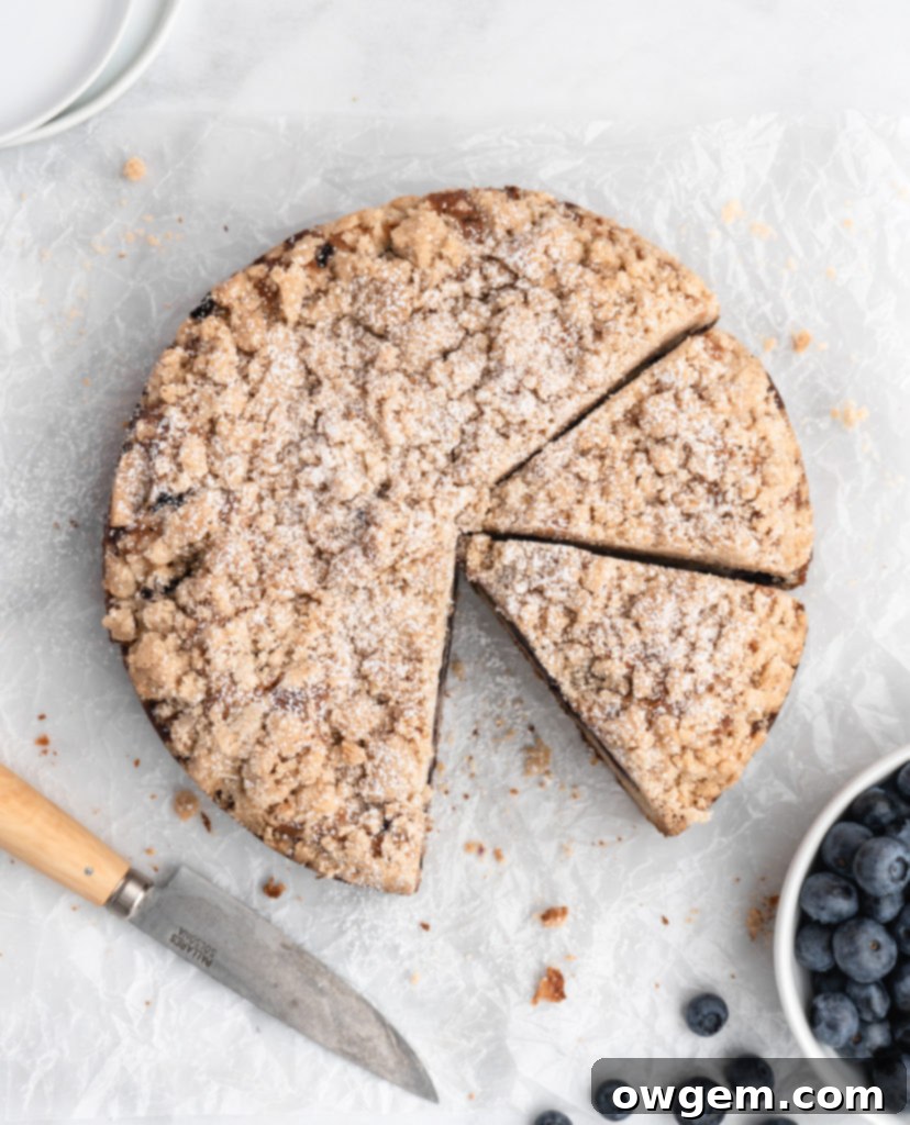 This moist coffee cake is speckled with juicy blueberries throughout and topped with a sweet brown butter streusel topping