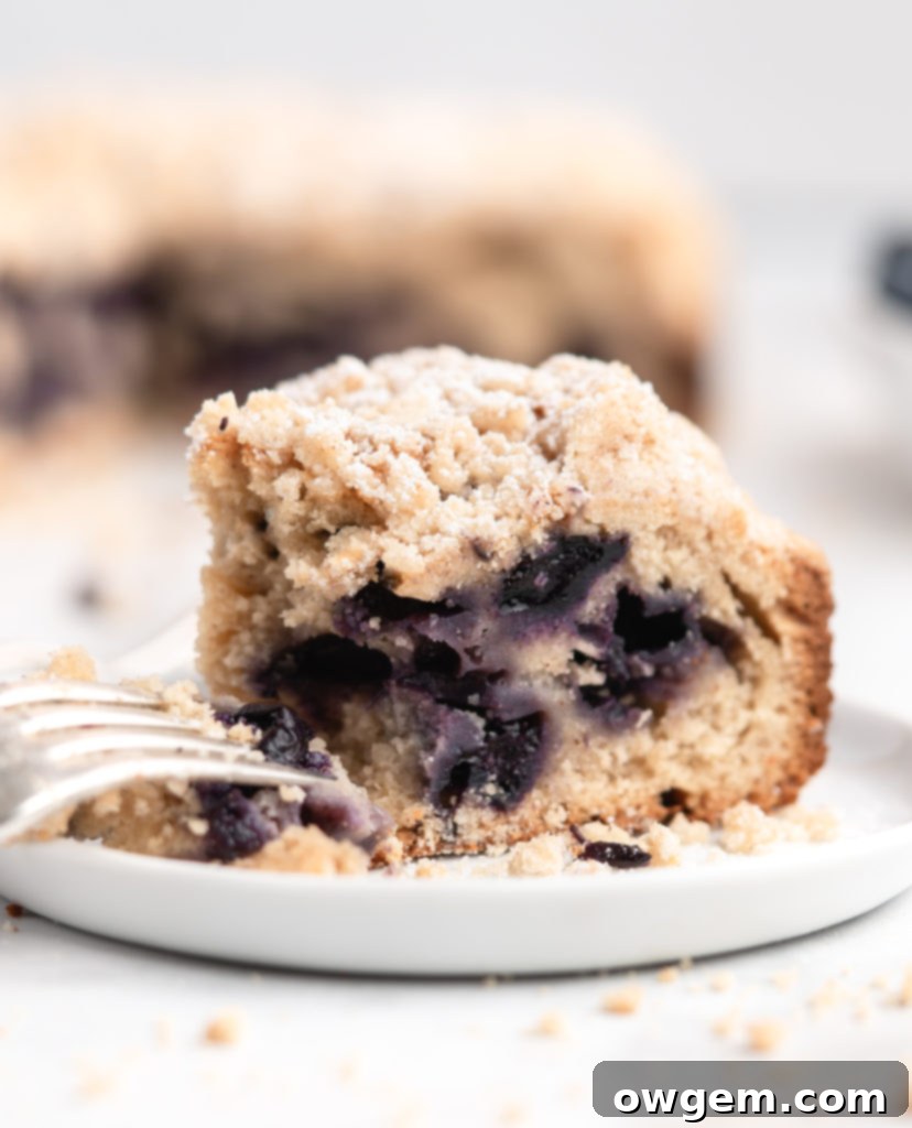 This moist coffee cake is speckled with juicy blueberries throughout and topped with a sweet brown butter streusel topping