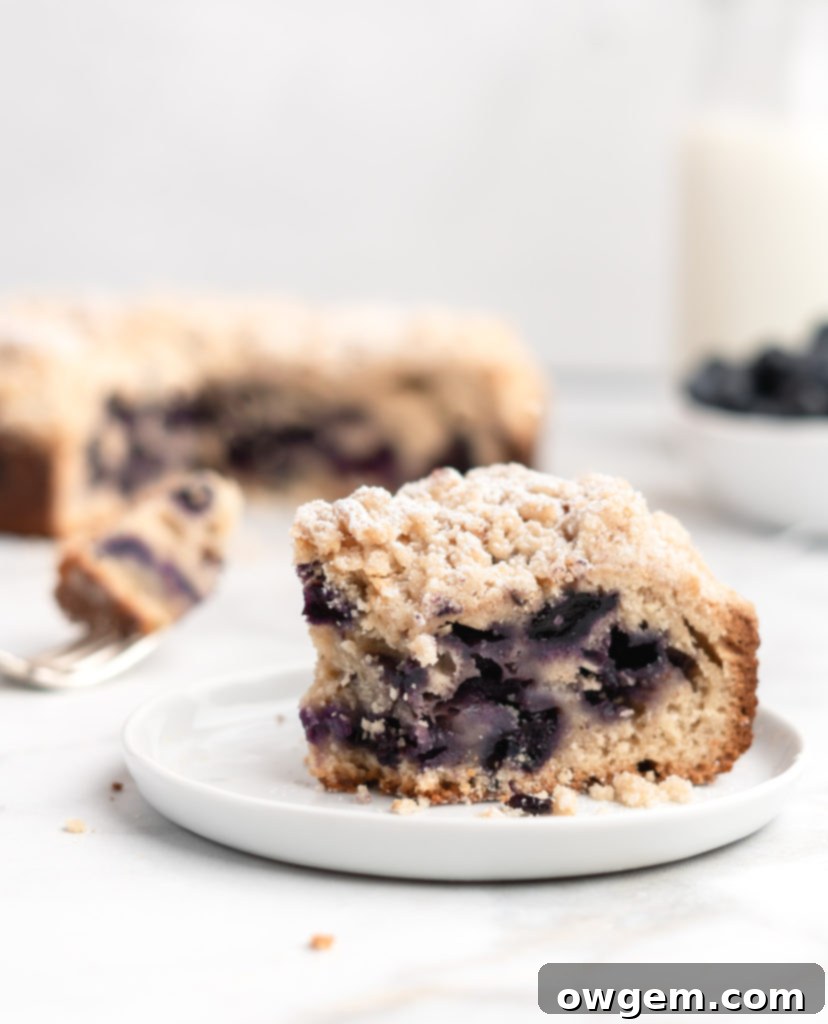 This moist coffee cake is speckled with juicy blueberries throughout and topped with a sweet brown butter streusel topping