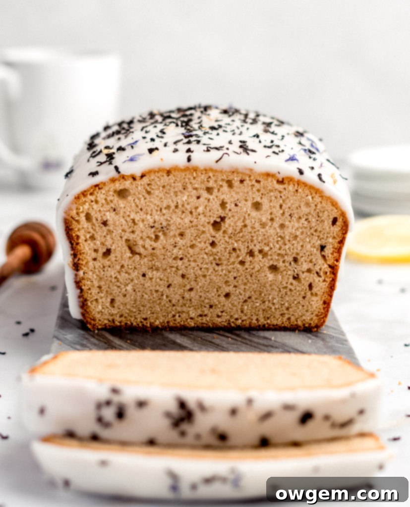 Another view of the Earl Grey Loaf Cake, beautifully glazed and ready to be served.