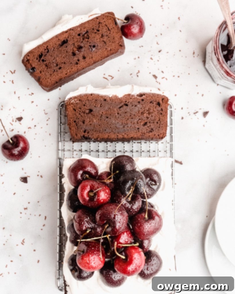 Rich chocolate loaf cake is swirled with cherry jam, then topped with fresh whipped cream and fresh cherries