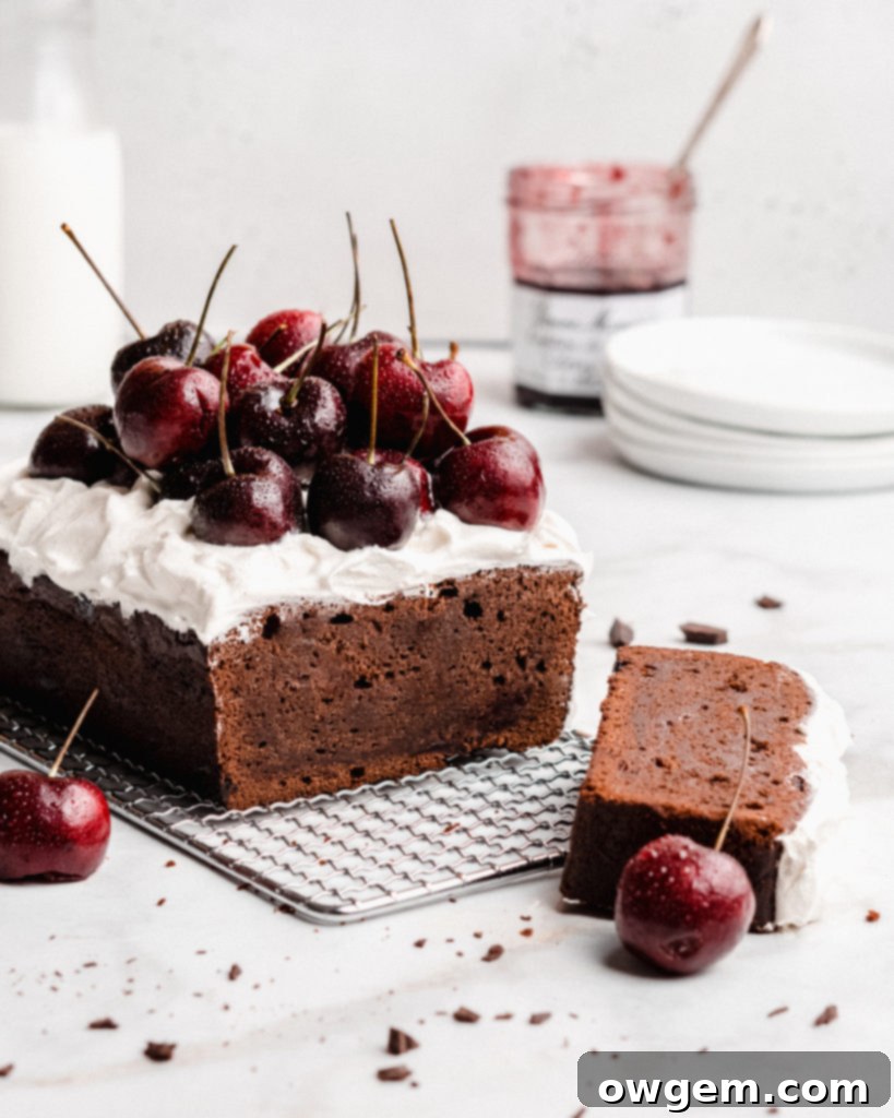 Rich chocolate loaf cake is swirled with cherry jam, then topped with fresh whipped cream and fresh cherries