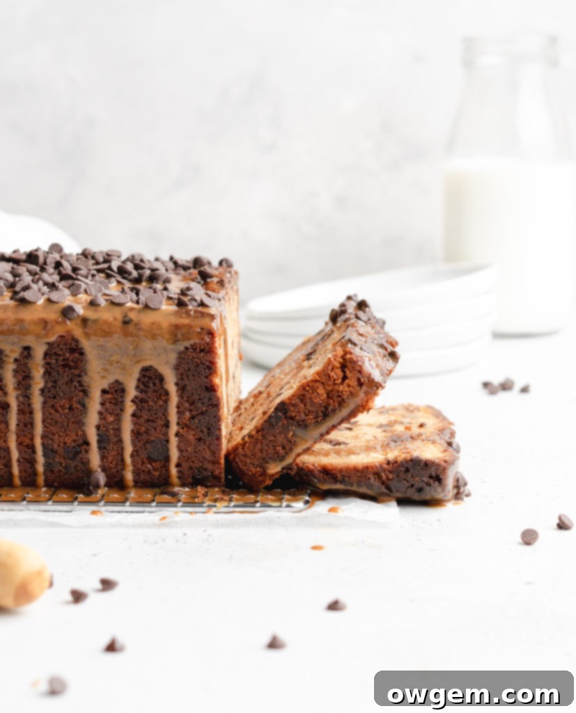 A deliciously moist chocolate chip loaf cake is swirled with dulce de leche