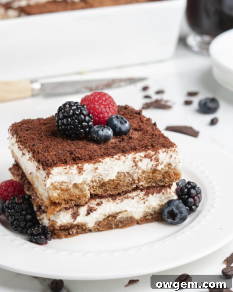 A slice of creamy no-bake Tiramisu topped with fresh berries, showcasing its delicate layers of mascarpone cream, coffee-soaked ladyfingers, and shaved chocolate.