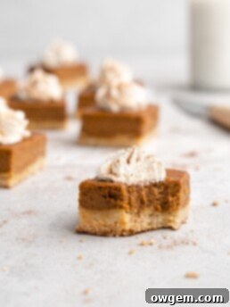 Golden-brown shortbread crust topped with a smooth, autumnal pumpkin pie filling, cut into festive squares.