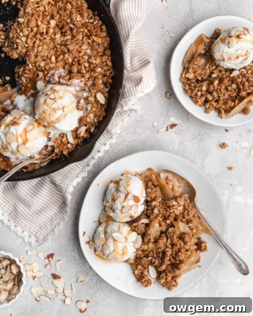 Two images side-by-side showcasing the delicious Maple Cardamom Apple Crisp, highlighting its crispy top and fruit filling.