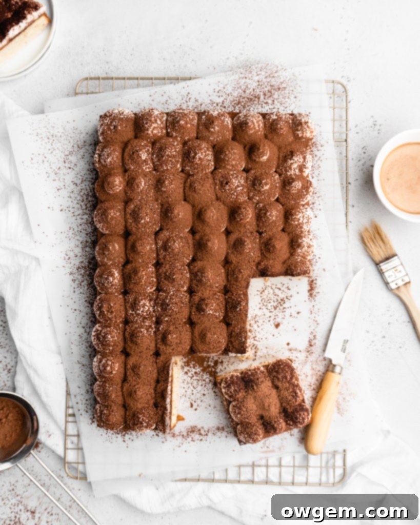 Espresso and vanilla infused sheet cake is brushed with a Kahlua coffee simple syrup, and then topped with a creamy mascarpone whipped cream in this Tiramisu Sheet Cake, finished with cocoa powder