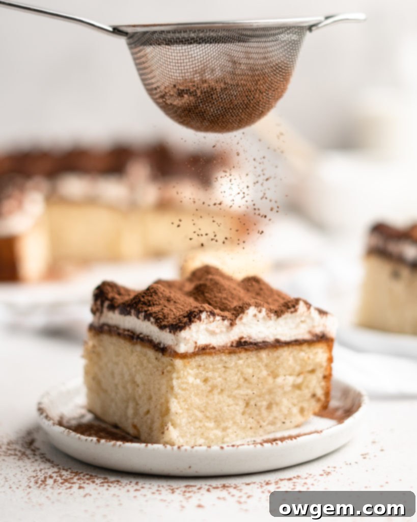 Espresso and vanilla infused sheet cake is brushed with a Kahlua coffee simple syrup, showing the saturation