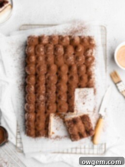 Espresso and vanilla infused sheet cake is brushed with a Kahlua coffee simple syrup, and then topped with a creamy mascarpone whipped cream in this Tiramisu Sheet Cake